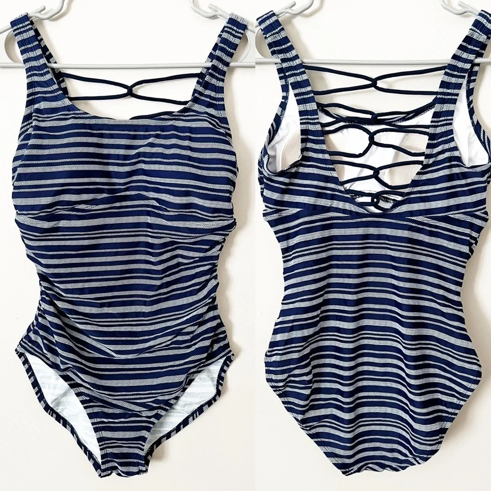 Merona Navy Blue Full Coverage One Piece Swimsuit Lace Back Medium Swim Suit M